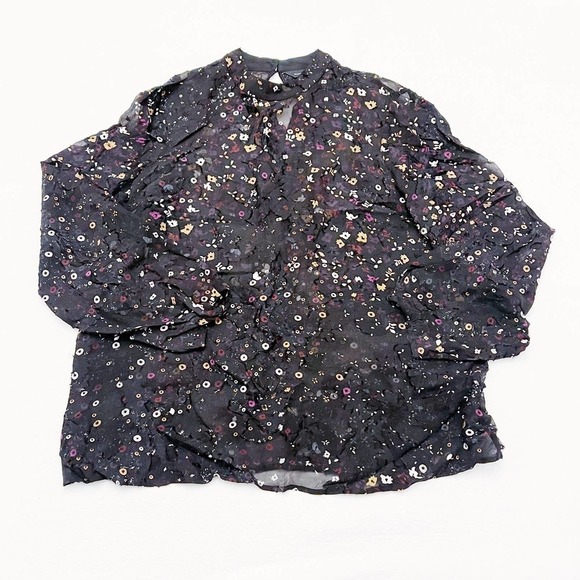 Club Monaco Sheer Flower Printed Top Black Multi SZ S - Picture 5 of 5